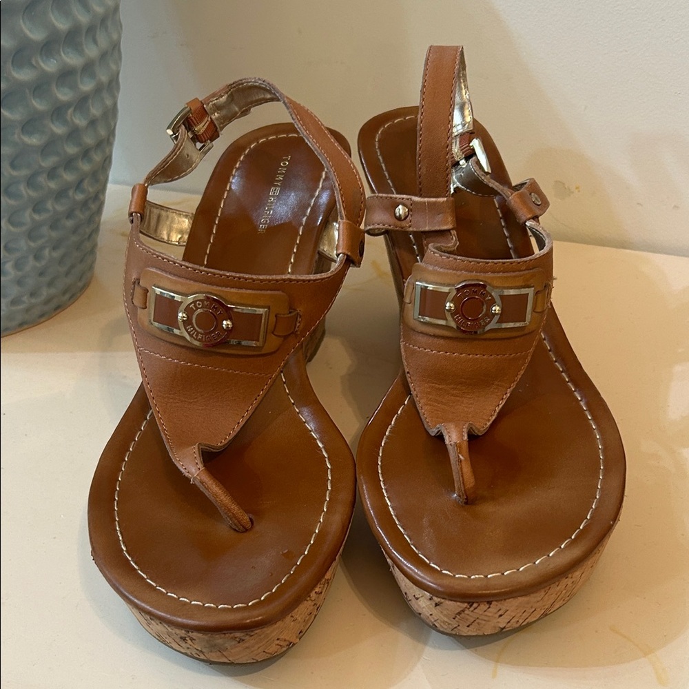 TOMMY HILFIGER SZ 11 Brown Leather Wedge Sandals